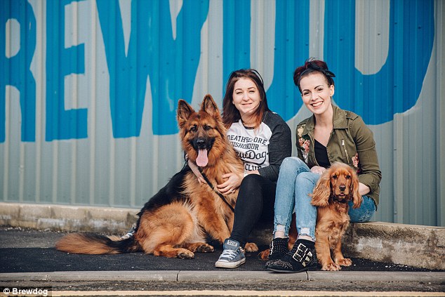 The company has 50 dogs in its Aberdeenshire headquarters in Scotland (above, staff members with their pets) 