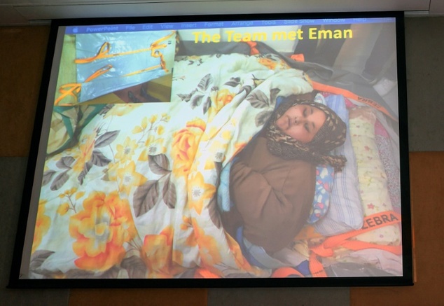 Eman Ahmed Abd El Aty (pictured via video screen at the hospital) weighs around 1,100lb and had not left her house in more than two decades until arriving in Mumbai at the weekend for bariatric surgery