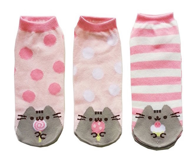 Pair your dark boots with bright pink Pusheen socks for a sweet contrast.