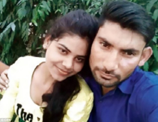 A woman named as Rachna Sisodia (left) was accidentally burnt to death in a funeral pyre after doctors wrongly pronounced her dead hours earlier, it has been claimed. She is pictured with husband Devesh Chaudhary