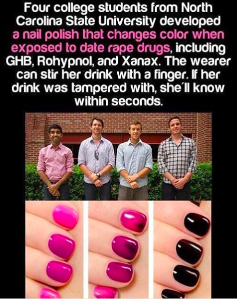 This nail polish that changes colors when dipped into a drink contaminated with a date rape drug.