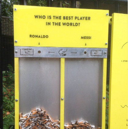 This waste receptacle that encourages people to throw away their cigarette butts by letting them vote for the world's best soccer player.
