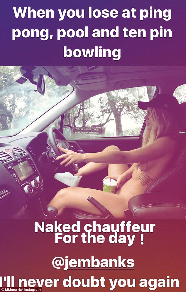 'Naked chauffeur for the day!' Kiki revealed she was being Jeremy's 'naked chauffeur' after she lost a bet over 'ping pong, pool, and ten-pin bowling'