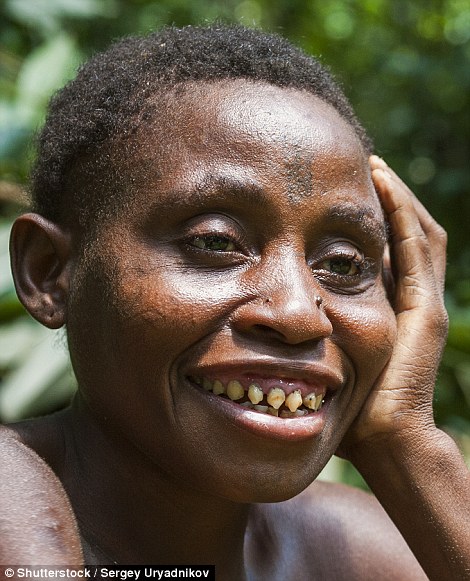 A women from a Baka tribe of pygmies in the Dzanga-Sangha Forest Reserve, Central African Republic. Human tooth sharpening has been practiced by many cultures throughout history - sometimes for spiritual or class reasons, and in other cases to imitate animals