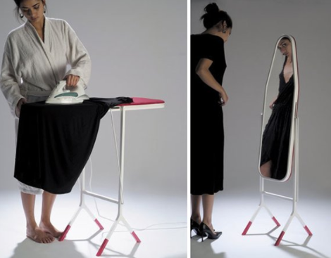Getting ready is too easy with this ironing board that doubles as a mirror!