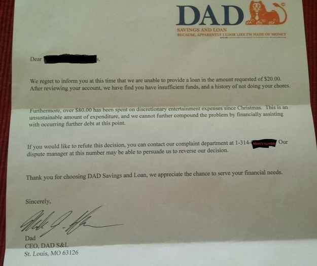 The dad who formally rejected his son's request for $20: