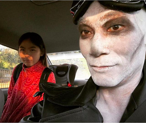 The dad who dropped off his daughter at school while cosplaying as a war boy from Mad Max: Fury Road: