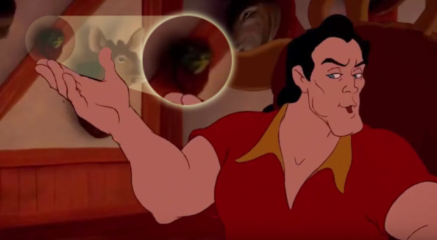 Among the many taxidermy animal heads on "macho" man Gaston's walls is...a frog. ??