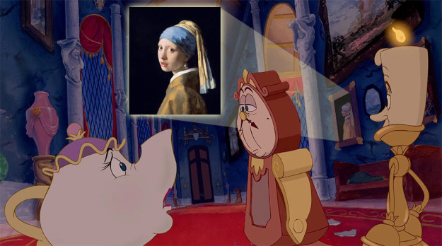 The Beast had quite the art collection in his castle: That's Vermeer's Girl With a Pearl Earring behind Cogsworth!