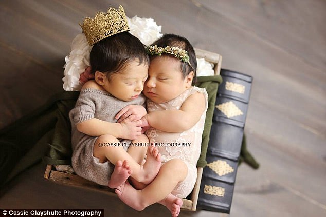 Newborn babies Juliet Shifflett and Romeo Hernandez pose in a Romeo and Juliet-themed photo shoot together
