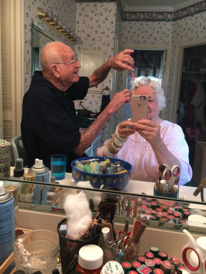 Grandma Had Surgery On Her Wrist And Couldn't Do Her Own Hair So My Grandpa Did It For Her