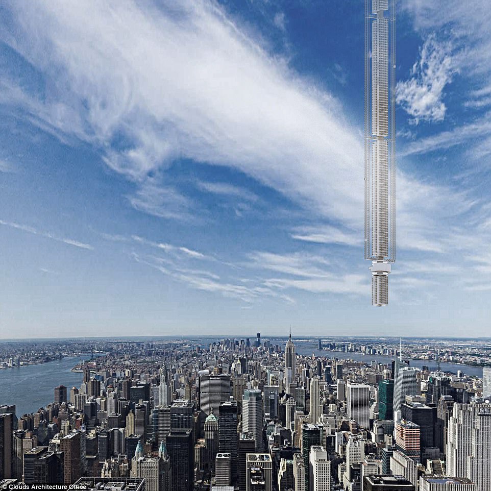  The orbital path would swing the tower in a figure eight pattern between the northern and southern hemispheres each day, taking residents on a tour through different parts of the work, including New York City (pictured) - all in just a 24 hour orbital cycle.