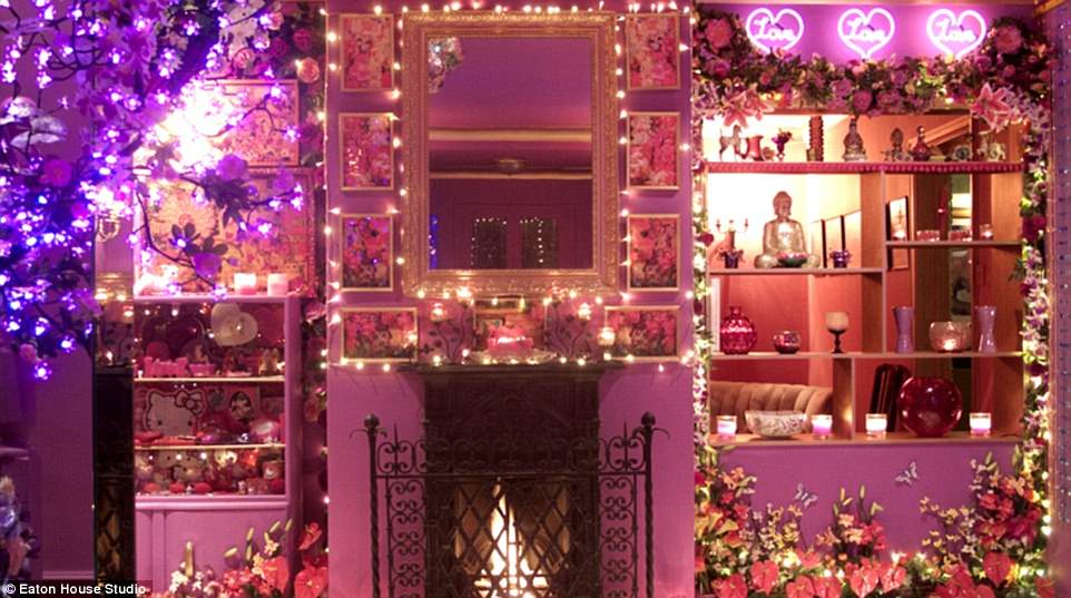 The magical foyer boasts girlish neon signs, numerous pink ornaments, pink walls, pink flowers and floral fairy lights
