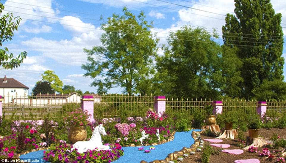 The garden features gold-painted stones and a unicorn sculpture perched on a bed of pink flowers