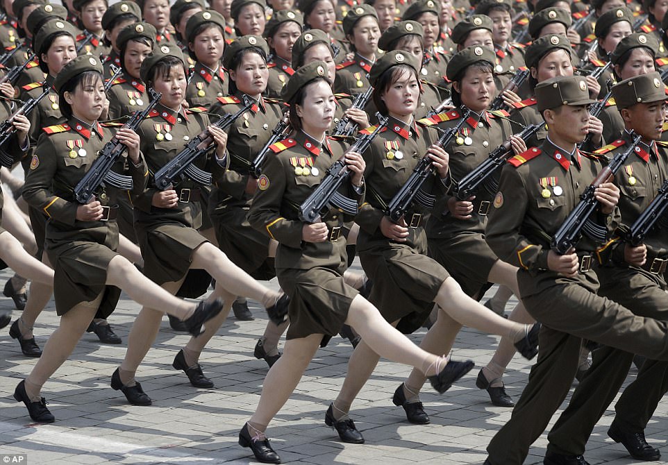 Thousands of North Korean troops armed with rifles took part in the show of force, which saw North Korea flaunt sophisticated new military hardware