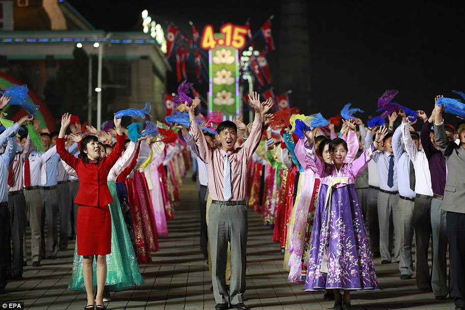 Jubilant lines of North Koreans danced into the night during the celebrations, which come at a time of international tensions