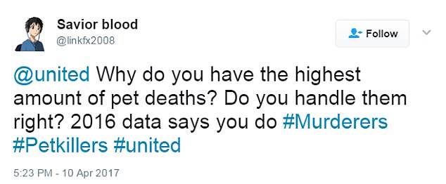 One Twitter user tweeted at United asking the company 'why' they have the highest amount of pet deaths