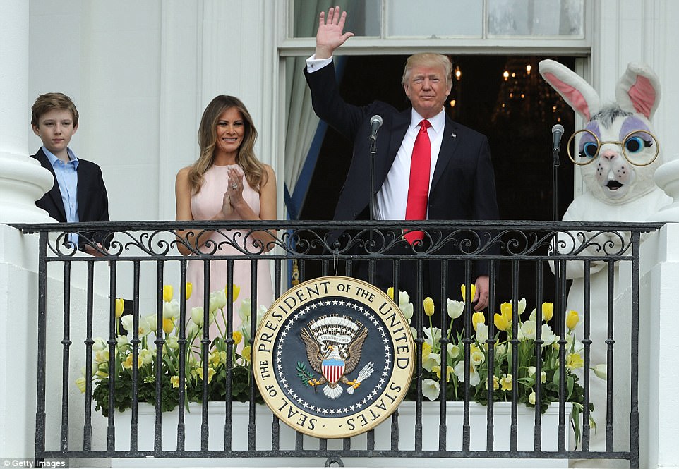 Both the president and first lady spoke on the Truman Balcony as their 11-year-old son Barron and the Easter Bunny watched on 