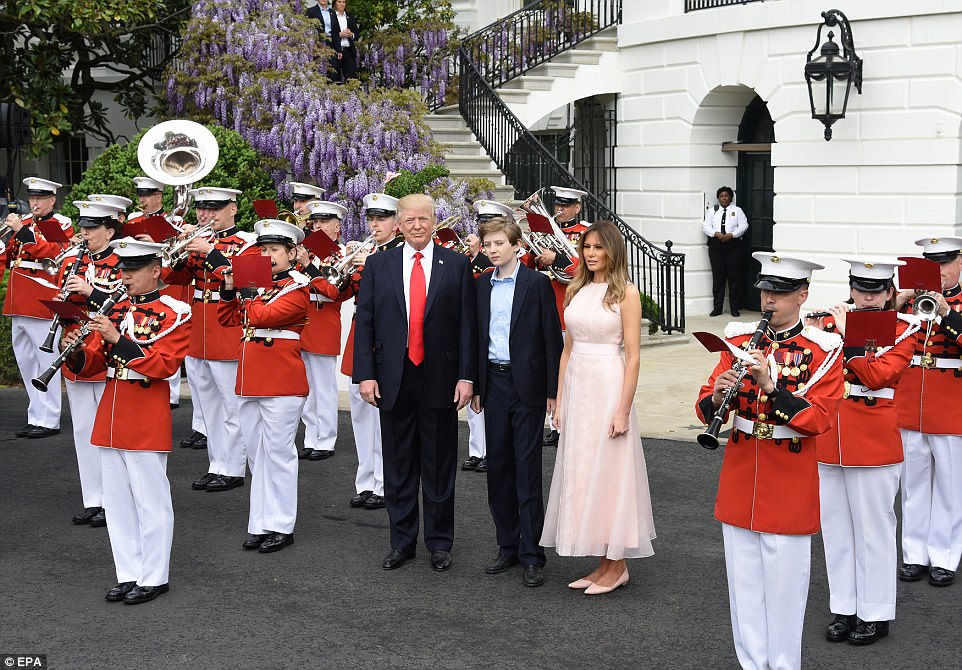 The First Family was heralded in by a marching band after making their introductory remarks on the Truman balcony 