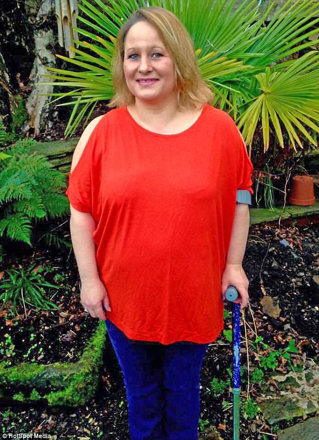 Dana Sedgewick, 44, trimmed her pubic area with a brand new razor, but ended up in a coma after she developed the flesh-eating infection, necrotising fasciitis (pictured now, using a crutch to walk - despite being told she may never be able to use her legs again)