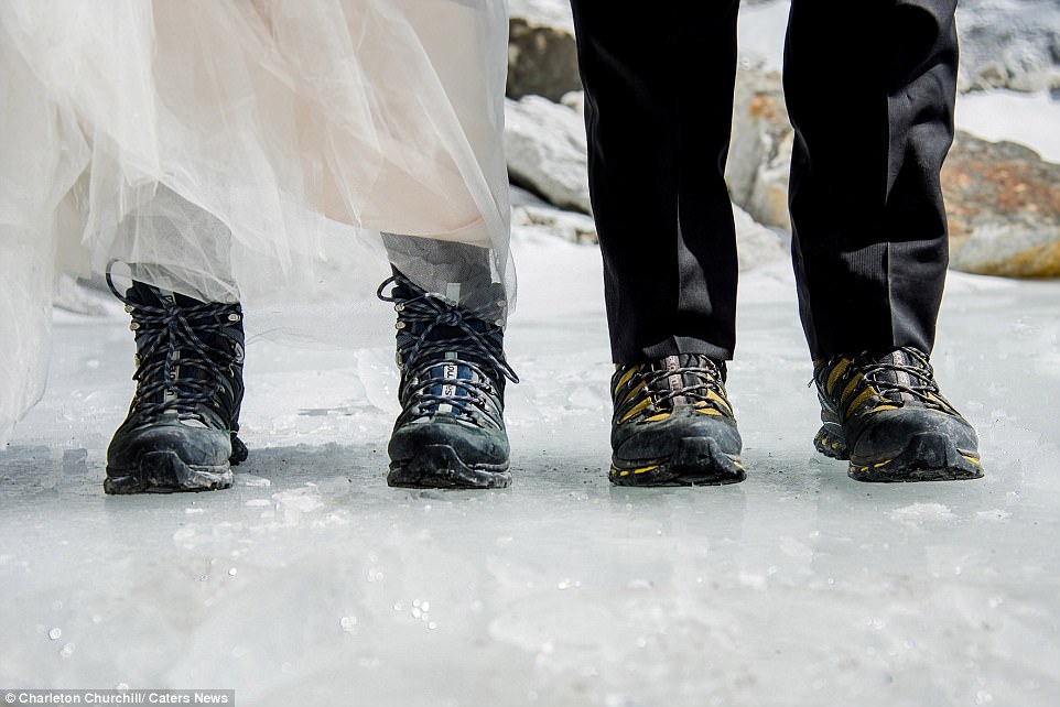 Sensible shoes: While many brides splash out on heels for their wedding day, Ashley opted for a pair of practical hiking boots