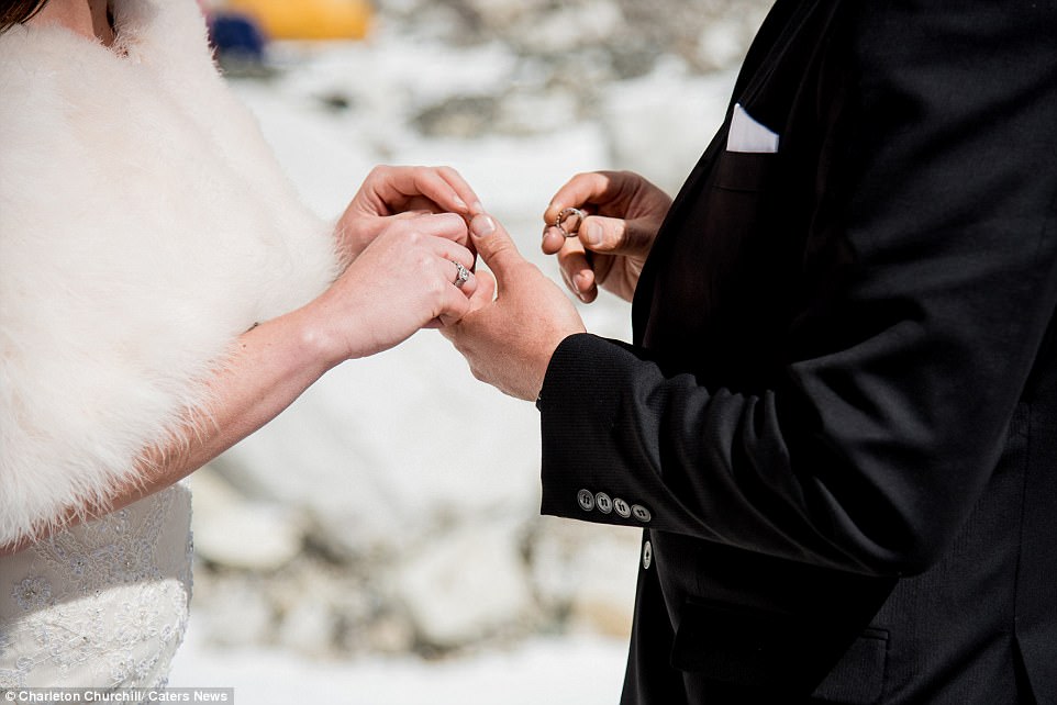 Man and wife: The intrepid couple exchanged vows - and rings - at Everest Base Camp, some 17,000ft above sea level