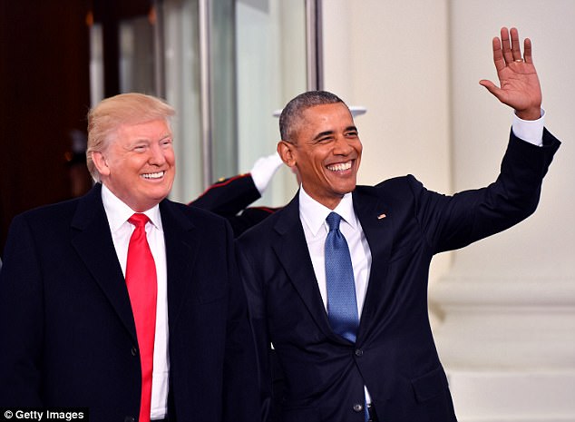 Smile and a wave: The two friends also said that Barack's opinion of President Trump has not got any 'better' since he took office (pair above on inauguration day) 