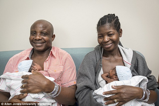 Adeboye Taiwo (left) and Ajibola Taiwo (right)  tried to conceive for 17 years before they welcomed sextuplets into the world earlier this month