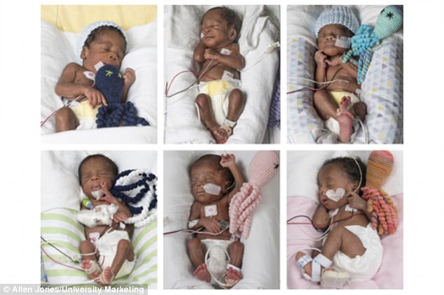Ajibola Taiwo, a native of Nigeria, gave birth to three boys and three girls (pictured) ranging from just 1 pound, 10 ounces, to 2 pounds, 15 ounces via cesarean section on May 11