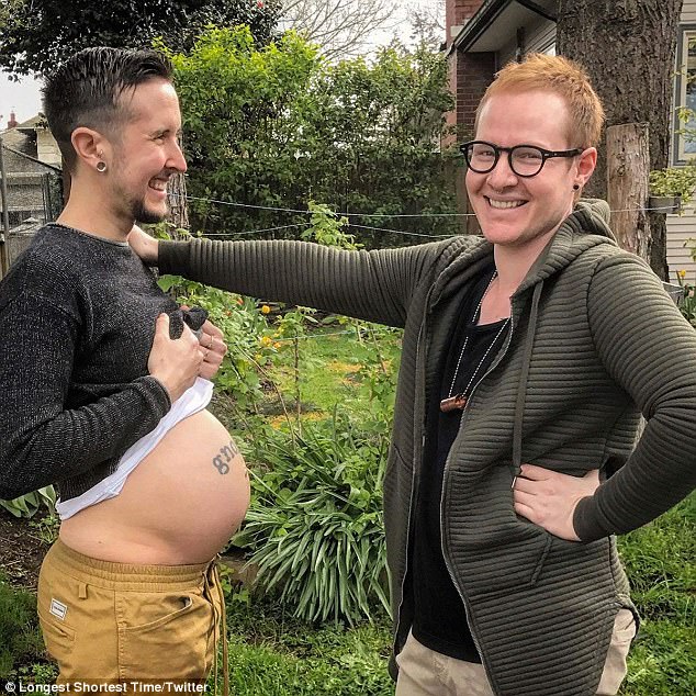 Big news: Trystan Reese (left) and Biff Chaplow (right) of Portland, Oregon, are expecting their first biological child together this summer